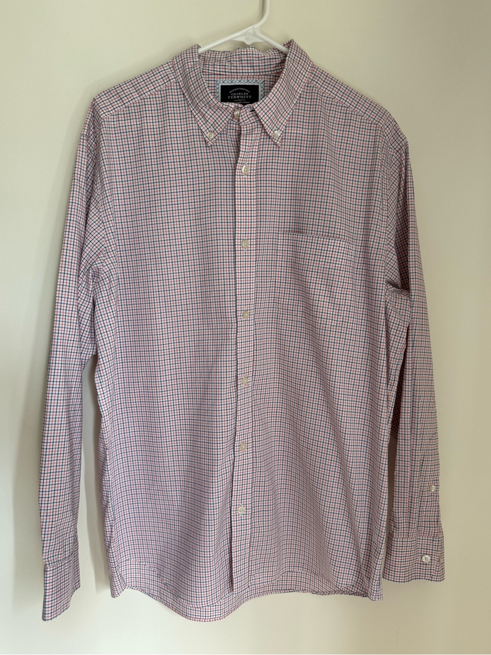 Men's Red, White, & Blue Plaid Button Down Dress Shirt Classic Fit Non-Iron